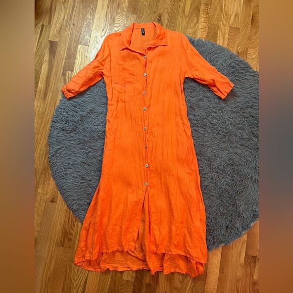 Venti6 Vibrant Orange Button-Up Linen Maxi Dress Size S Vacation Resort Beach - Picture 1 of 5